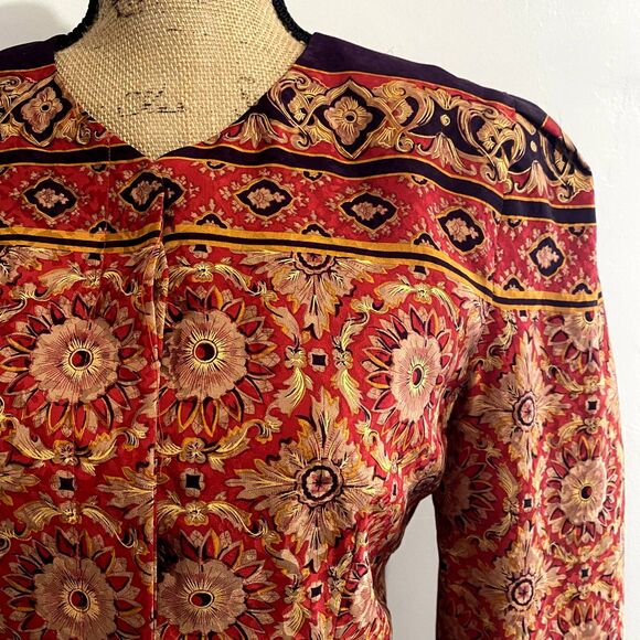 Vintage Maggy London Silk Jacket Collarless Red Intricate Chintz Pattern Size 6 - Picture 2 of 6